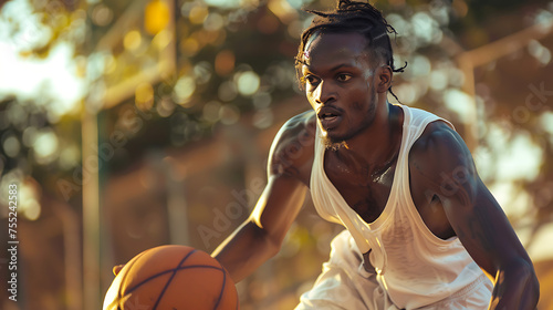  A basketball player dribbles the ball with precision, his eyes fixed on the hoop as he prepares to make a decisive move © DigitaArt.Creative