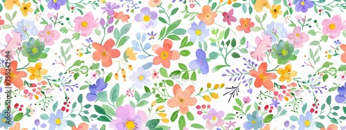 whimsical pattern of small pastel flowers and leaves, with a white background Generative AI