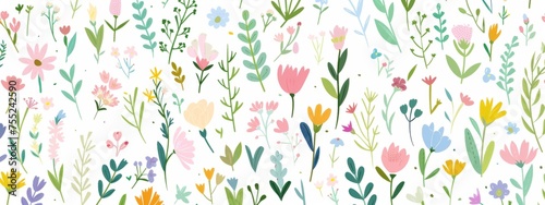 pattern of small, colorful flowers and leaves in pastel colors on a white background with a handdrawn feel Generative AI © SKIMP Art