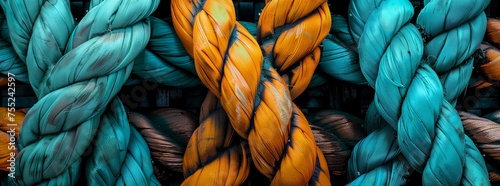 A closeup of a vibrant blue and orange rope, resembling the colors of electric blue and a sunset. The pattern is reminiscent of junk food packaging photo