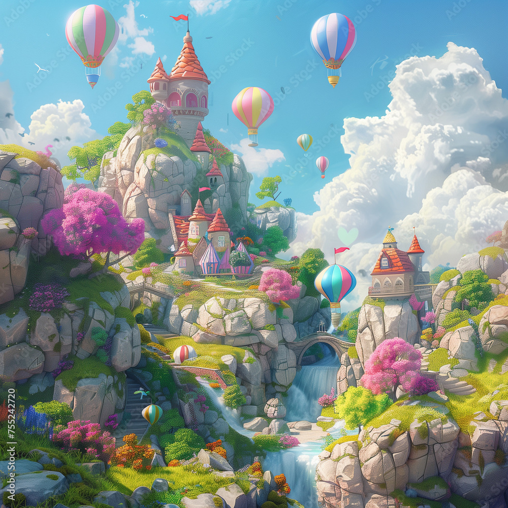 A vibrant cartoon fantasy world with colorful hot air balloons floating in the sky, whimsical castles nestled on lush green hills, sparkling waterfalls cascading down rugged cliffs