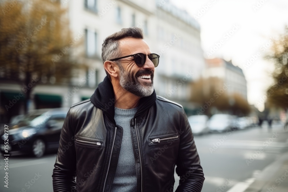 Portrait of a handsome mature man in sunglasses and a leather jacket. Portrait of a handsome mature man in sunglasses and a leather jacket.
