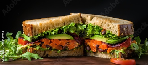 A sandwich made with avocado, carrots, lettuce, and tomatoes is sliced in half on a wooden table, showcasing the fresh produce ingredients used in the dish