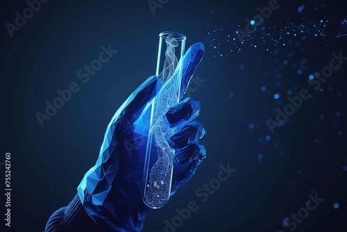 Hand holding test tube low poly wireframe on dark blue background.Concept of a scientist's hand holding a tube of medicine to treat a patient. or the discovery of new medicines