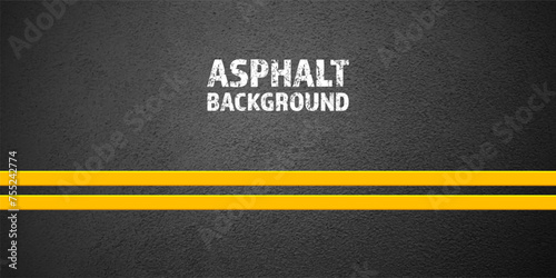 Asphalt road with yellow lane marking, concrete highway surface, texture. Street traffic line, road dividing strip. Pattern with grainy structure, grunge stone background. Vector illustration