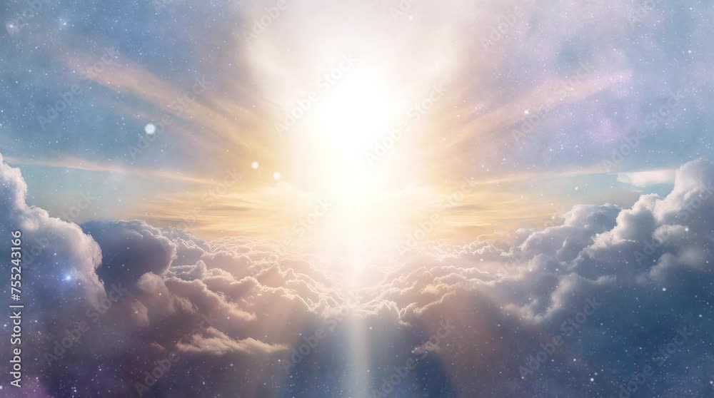 Way to heaven. Glowing light from the sky shining down through a break in the clouds, creating a heavenly vision