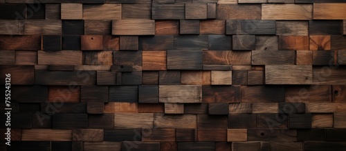 A wall constructed from wooden blocks stands out against a dark black background. The texture of the wooden panels adds depth and interest to the scene.