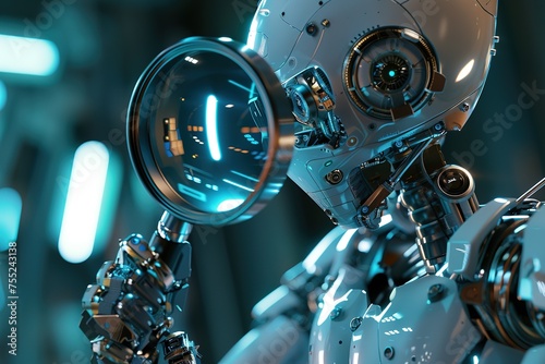 Image of an AI robot looking into a magnifying glass concept, information search by AI, evidence, search, research, prove the truth, solve cases, investigate science and technology.