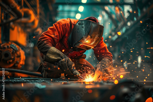 Industrial worker at the factory welding