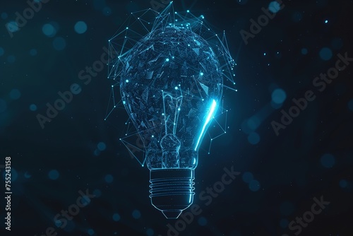 Light bulb low poly wireframe on dark Blue background concept, idea or business idea, creativity, futuristic, technology