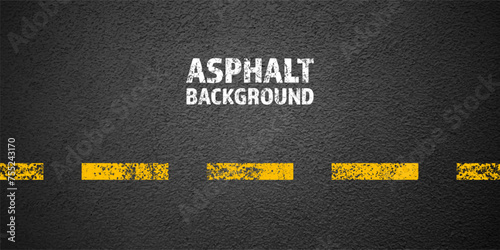 Asphalt road with yellow cracked lane marking, concrete highway surface, texture. Street traffic line, road dividing strip. Pattern with grainy structure, grunge stone background. Vector illustration © 32 pixels