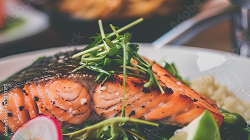 Closeup photo of a grilled salmon fillet garnished with greens and radishes served with rice on a white plate