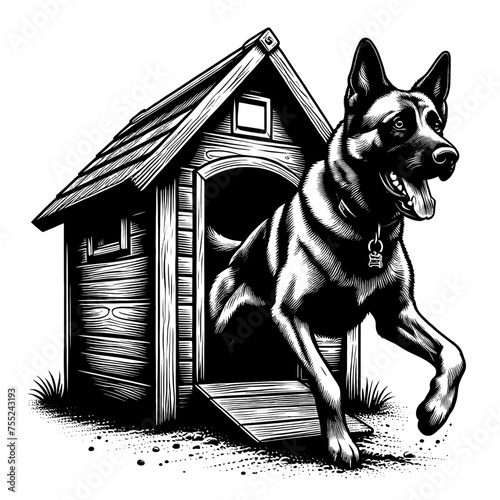 A Malinois dog leaving its dog house. Hand Drawn Pen and Ink. Vector Isolated in White. Engraving vintage style illustration for print, tattoo, t-shirt, sticker	