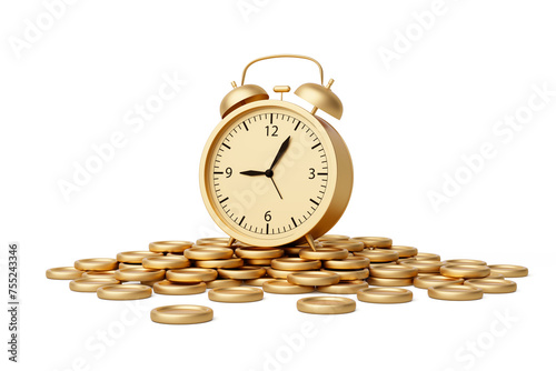 Pile gold coins scatter clock on top. Time marketing goals for start up success investment economic strategy finance and business profit and budget white background. clipping path. 3D Illustration.
