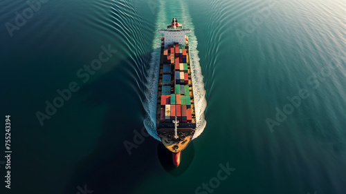 Cargo ship full of standard shipping containers at the sea during shipping at day time. Neural network generated image. Not based on any actual scene or pattern.