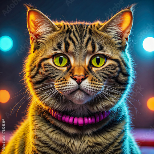 Cute tabby cat on a pink leash, Studio pet photography. Generative ai photo