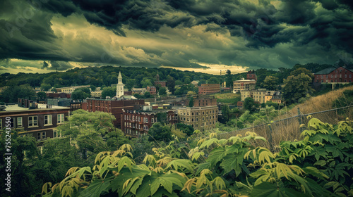 Overlooking a quaint town with historic buildings under a dramatic stormy sky surrounded by lush green foliage