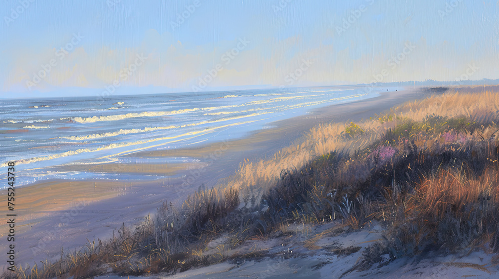 Serene beach landscape painting with gentle waves blue sky wispy clouds and dunes with tall grasses in the foreground
