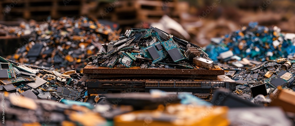 Electronic Waste Recycling Center Piled with Components