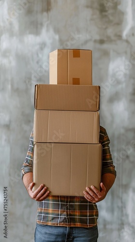 Man Holding a Stack of Cardboard Boxes