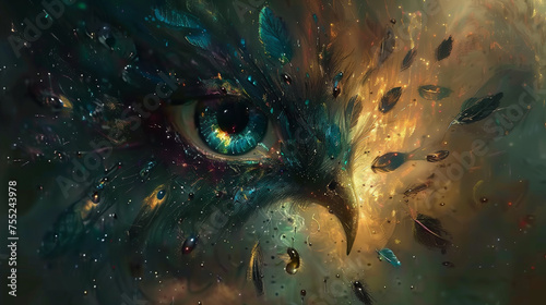 A close-up fantasy painting depicts the sparkling eye and beak of a mystical bird. photo