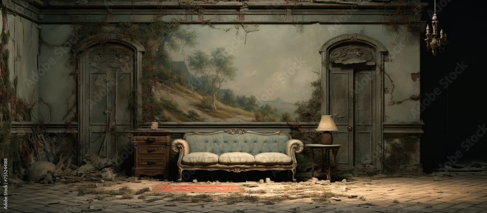 A couch is positioned in the corner of a room, with a large painting hanging on the wall above it. The room appears to be abandoned, with empty space surrounding the furniture.