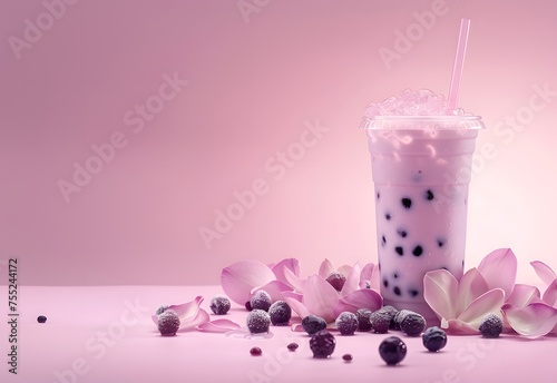 Food photography: Plastic clear glass with delicious milk tea with tapioca balls. Taro flavour photo