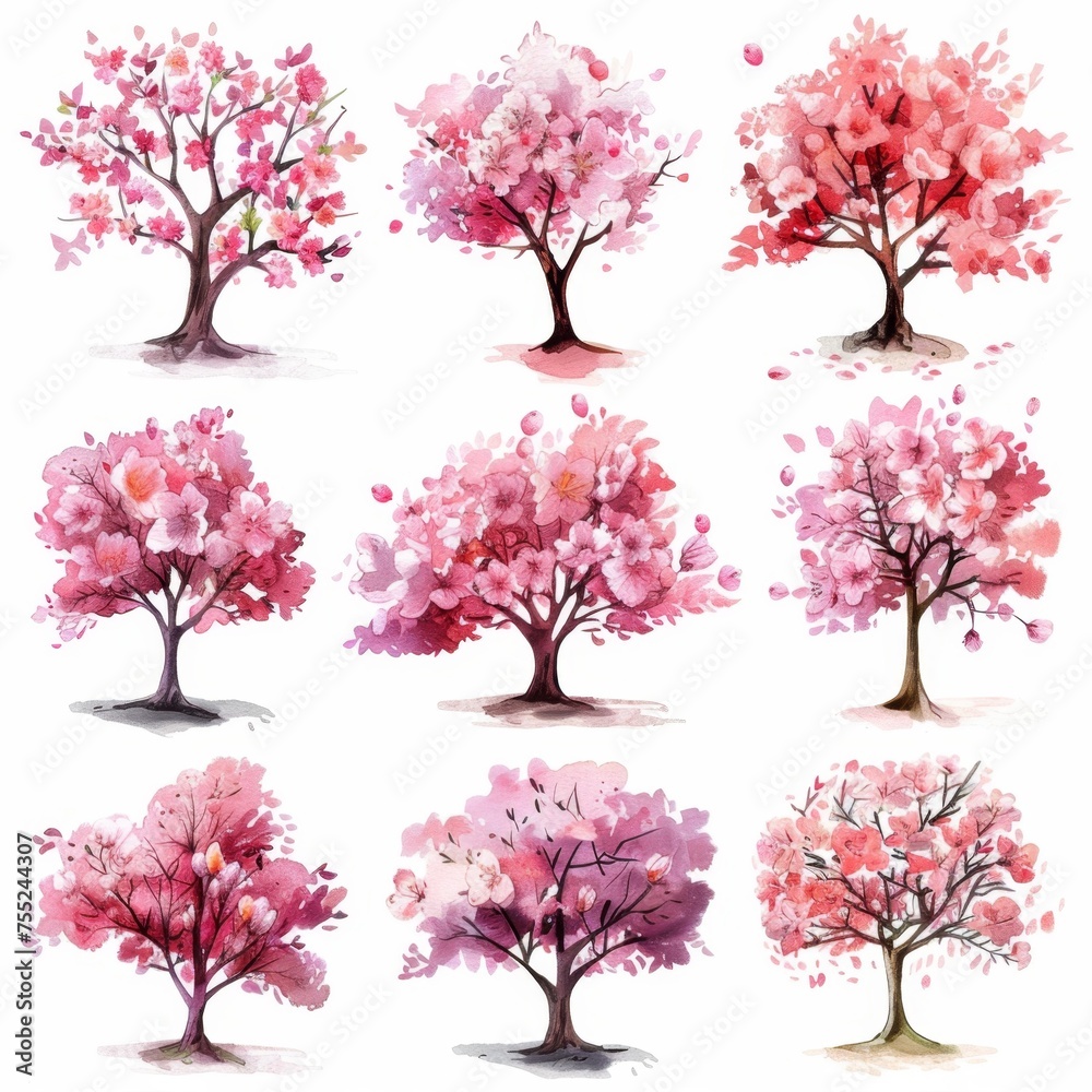 KSSet of watercolor cherry trees on white background.