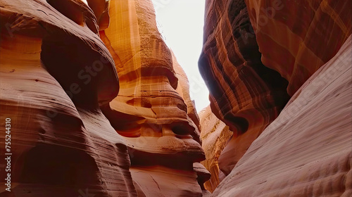 A narrow canyon with smooth wavy sandstone walls in warm tones under a subtle light photo