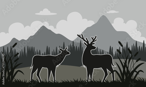 Deer with a natural background  lake and mountains with a touch of Black Gradation  Vector illustration