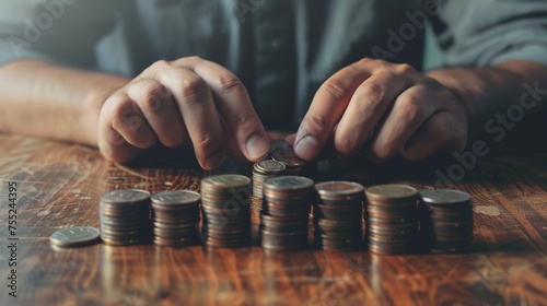 A minimalist composition in which the hands of a thrifty man carefully count and organize very large stacks of coins on a simple wooden table. Soft natural light shot at an angle, photo