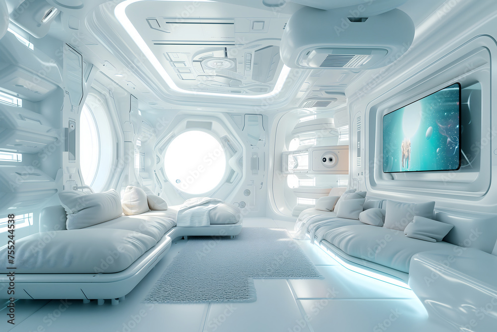 Fototapeta premium futuristic clean white space station style interior of living room. Neural network generated image. Not based on any actual scene or pattern.