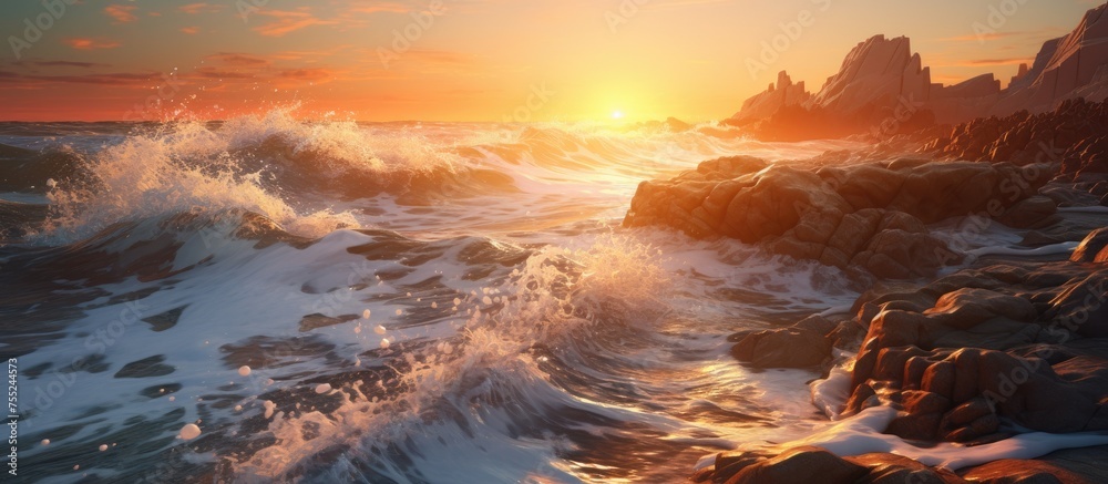 As the sun sets over the ocean, the waves crash against the rocks under a red sky at dusk, creating a stunning natural landscape with a serene afterglow
