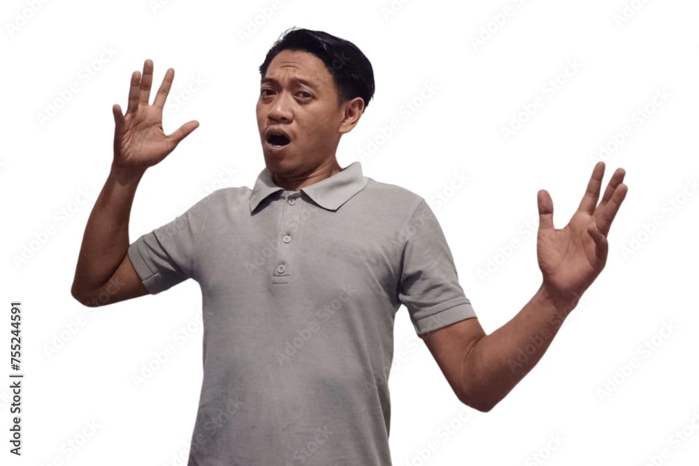 Young Asian man isolated on white background face covered by fingers frightened and nervous. Young Asian man isolated on white background face covered by fingers frightened and nervous.
