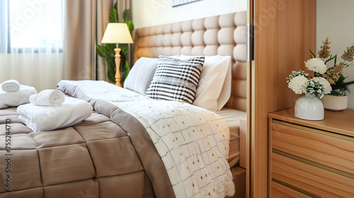 tidy modern bedroom, minimalist design, beige color palette