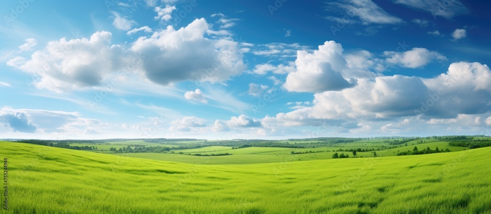 A picturesque natural landscape with a lush green field, under a clear blue sky adorned with fluffy white cumulus clouds. A serene rural area with an expansive grassland and plains