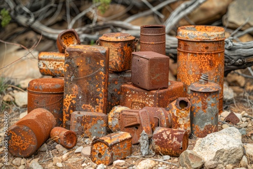 Rustic Cluster of Weathered and Corroded Metal Cans amidst Rocky Terrain