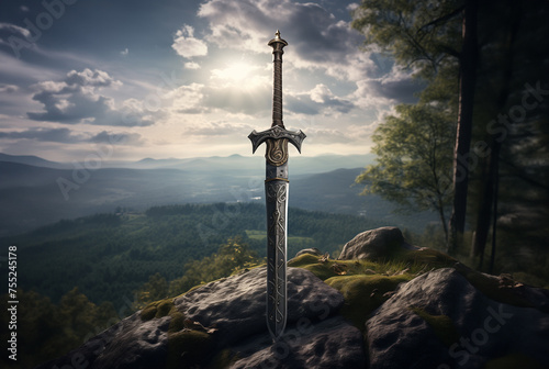 Fantasy image of a knight's medieval sword with an ornate hilt and the blade stuck in a rock on a mountain ledge with an overcast sky and sunlight behind it.