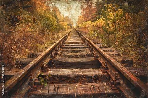 Scenic Vintage Railroad Through Autumn Forest at Sunset with Rustic Wooden Sleepers and Tracks Leading into Light photo