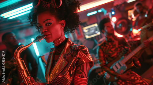 In a cyberpunk future, an African American woman with an afro plays the saxophone alongside a band in a neon-lit nightclub.