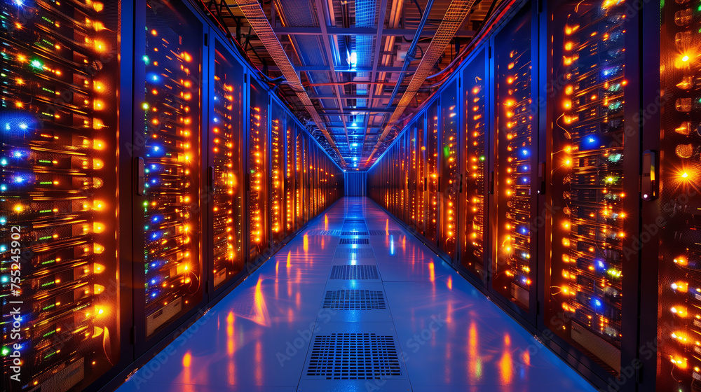 Obraz premium In a modern data center corridor, high-speed servers are bathed in blue LED lights.