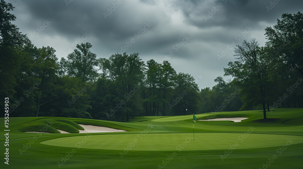 Obraz premium Backdrop of a dramatic cloudy sky, a vibrant green golf course awaits, its meticulously manicured grass, strategically placed sand bunkers, the perfect setting for a challenging round of golf.