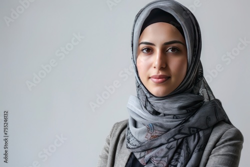 Portrait of a young muslim woman showing blank area for sign or copyspace - generative ai