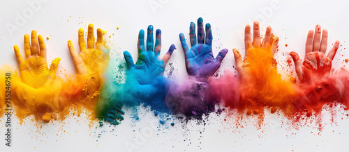 Human hands painted in colorful rainbow neon powder on a clean white background. Minimal concept in style of unity  equality and mutual acceptance. We are all the same despite our diferrences. 