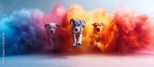 Three puppies running through colorful smoke. Two dalmatian puppies and one brown retriever puppy running through a cloud of neon powder. In style of dynamic pet vet store shop banner advertisement.
