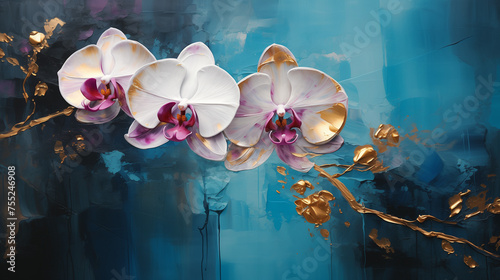 Beautiful painting of white orchid blossoms. White and purple orchid flowers with gold details on gradient black and blue background resembling deep water. Home wallpaper and wall decor idea.