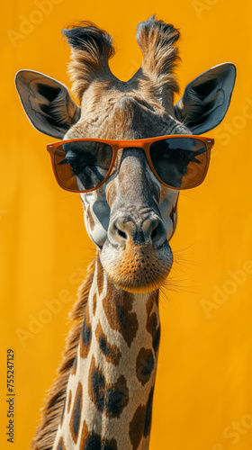 Giraffe with orange sunglasses, sunshades. Head shot of a giraffe isolated on an orange background. Minimal concept.