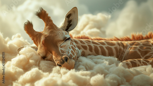 Baby giraffe peacefully sleeping on a cotton cloud. Warm colors. In style of dreamlike cloudscapes. photo