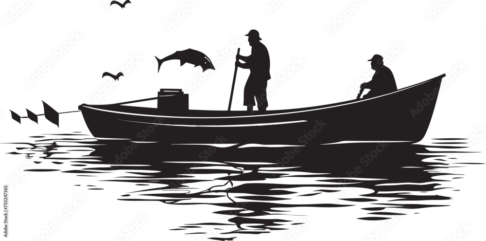 Waterside Wanderer Small Boat Fisherman Icon in Vector Stream Seeker Fisherman on Small Boat Vector Logo Design