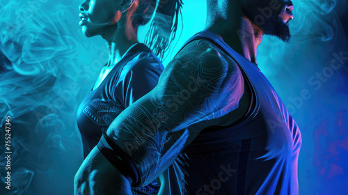 Two people with prominent tattoos stand backtoback in a smoky neonlit environment exuding confidence and strength photo